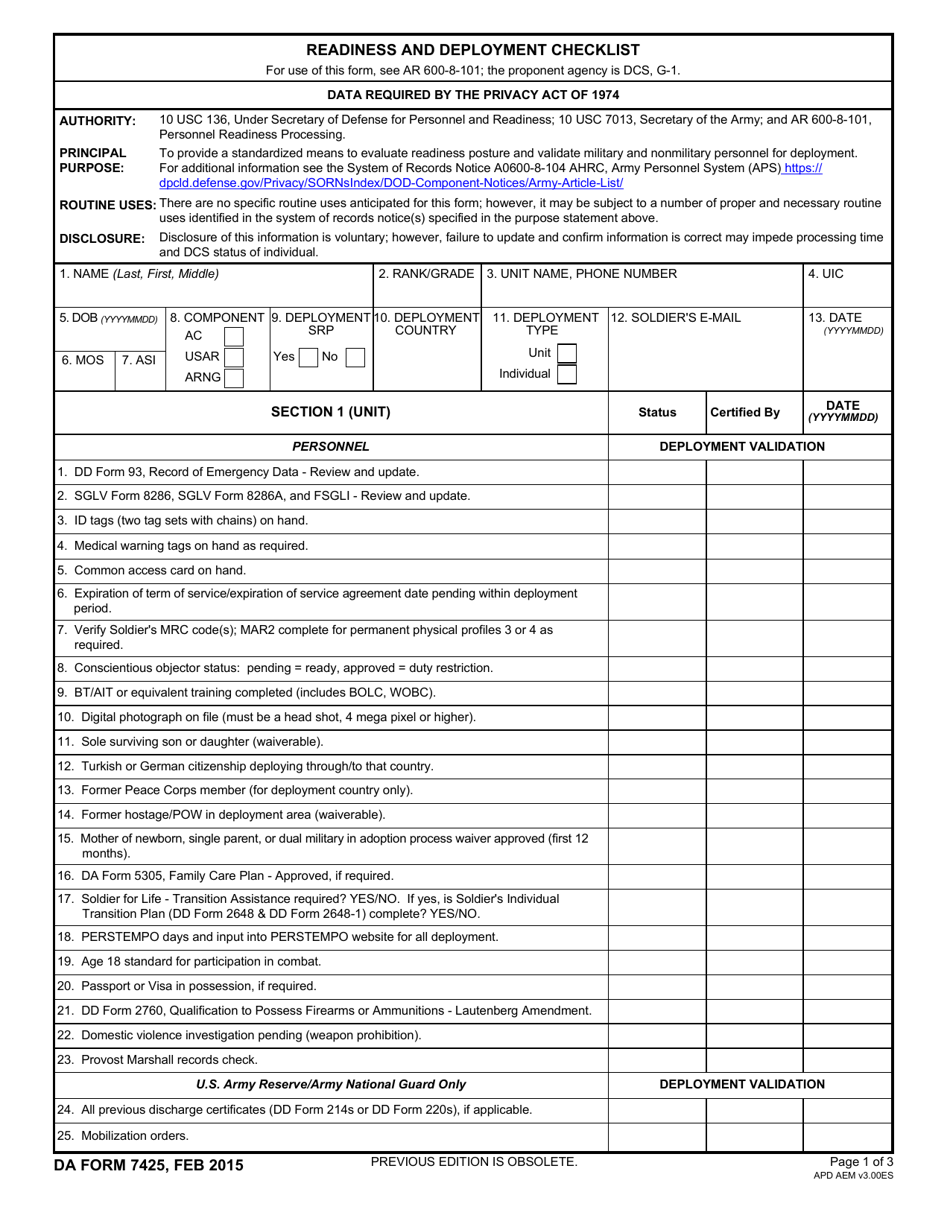 DA Form 7425 Readiness and Deployment Checklist, Page 1