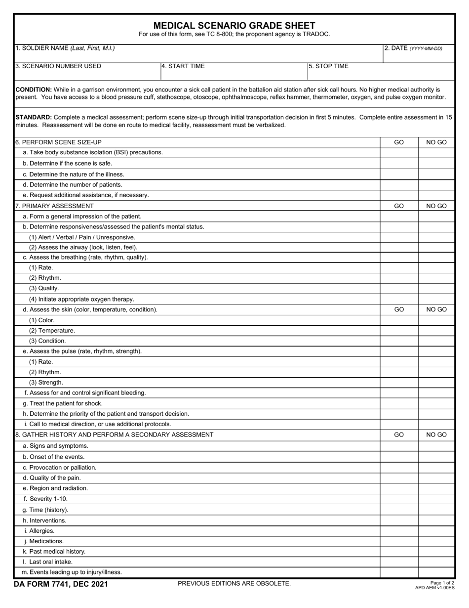 DA Form 7741 Medical Scenario Grade Sheet, Page 1