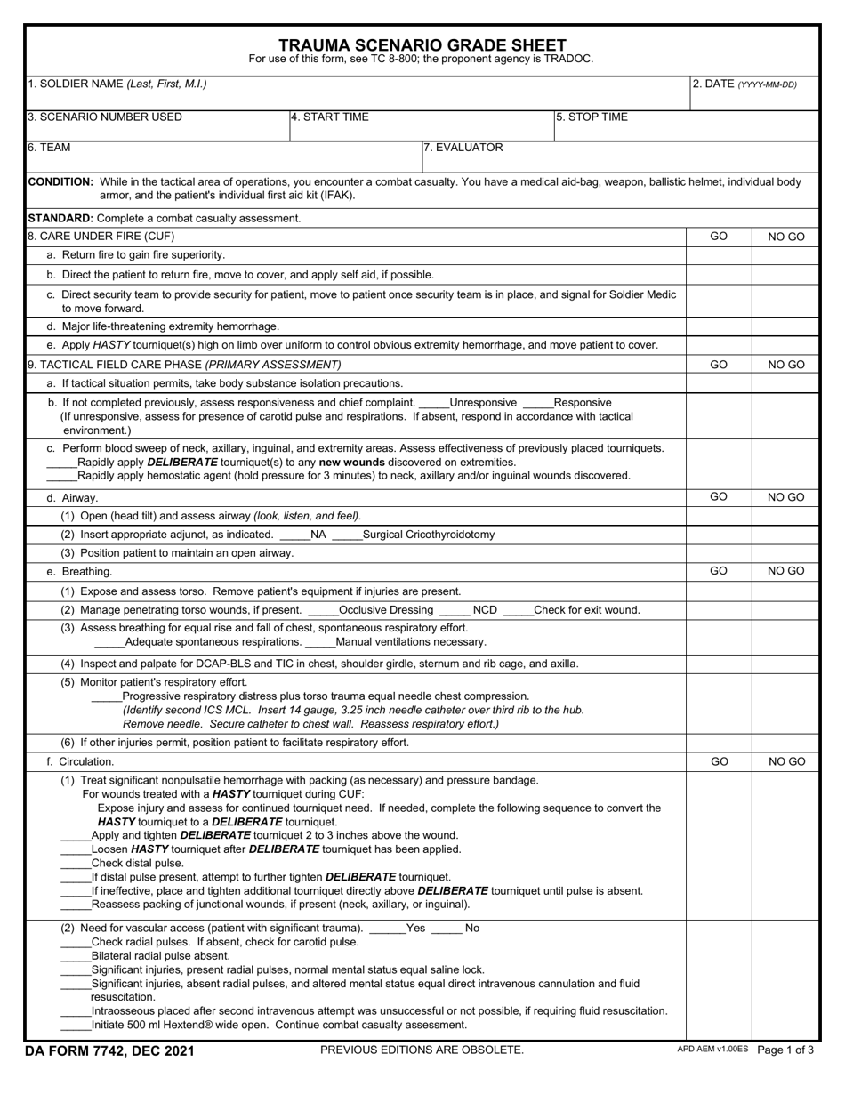 DA Form 7742 Trauma Scenario Grade Sheet, Page 1