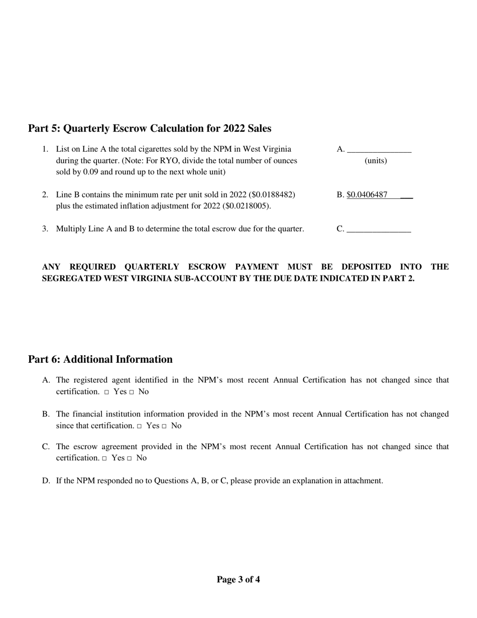 Non-participating Manufacturer Quarterly Certificate of Compliance - West Virginia, Page 3