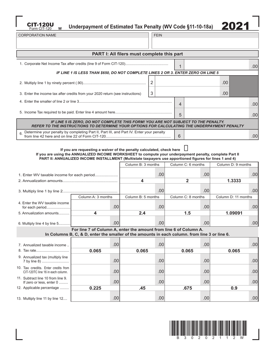 Form CIT-120U Underpayment of Estimated Tax Penalty - West Virginia, Page 1
