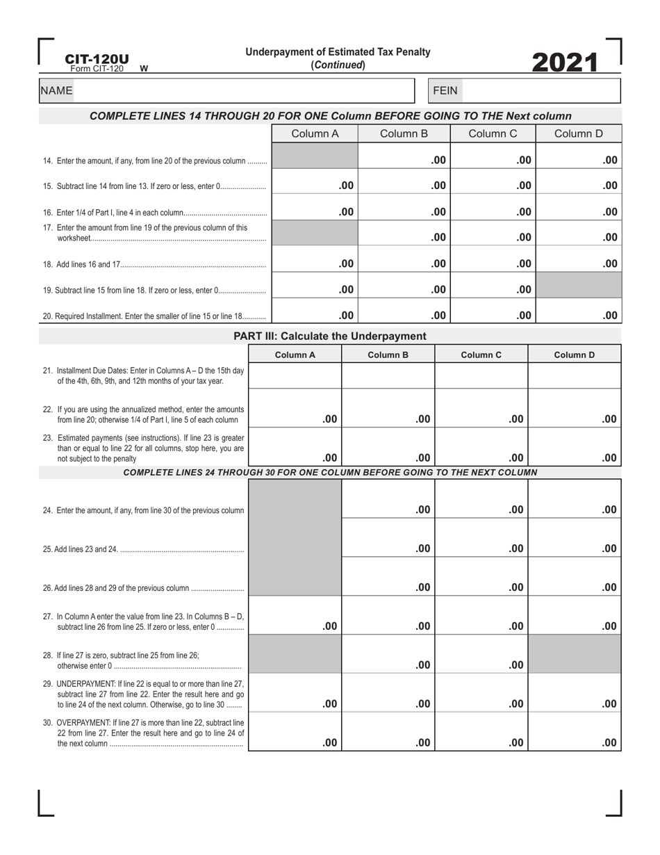 Form CIT-120U Underpayment of Estimated Tax Penalty - West Virginia, Page 2