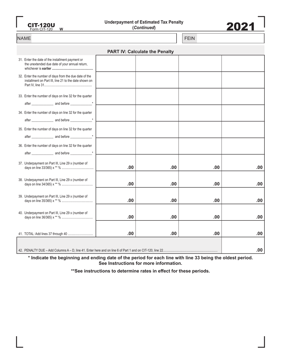 Form CIT-120U Underpayment of Estimated Tax Penalty - West Virginia, Page 3