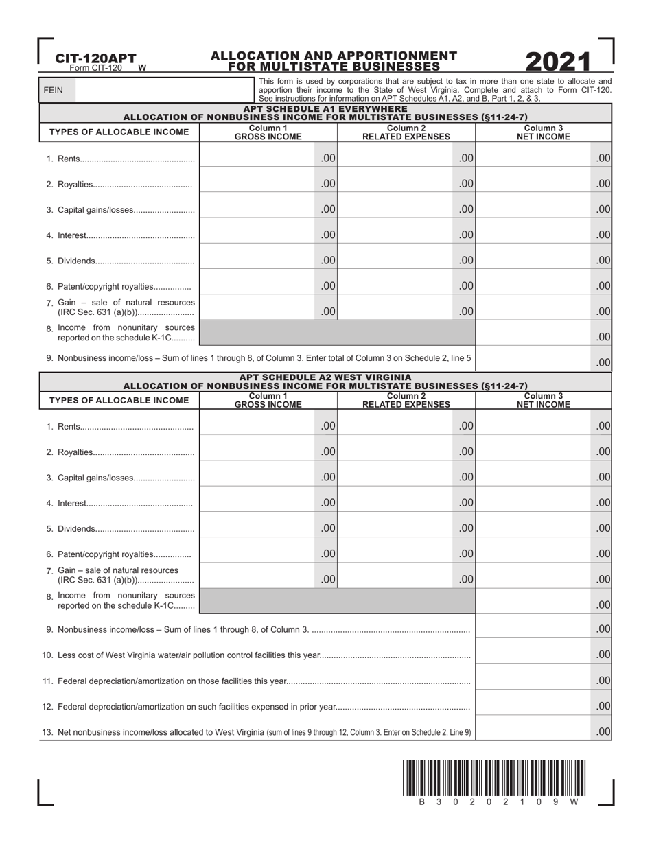 Form CIT-120APT Allocation and Apportionment for Multistate Businesses - West Virginia, Page 1