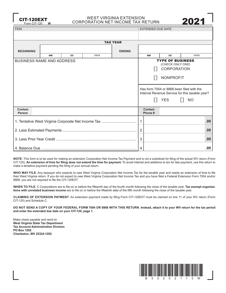 Form CIT-120EXT West Virginia Extension Corporation Net Income Tax Return - West Virginia, Page 1