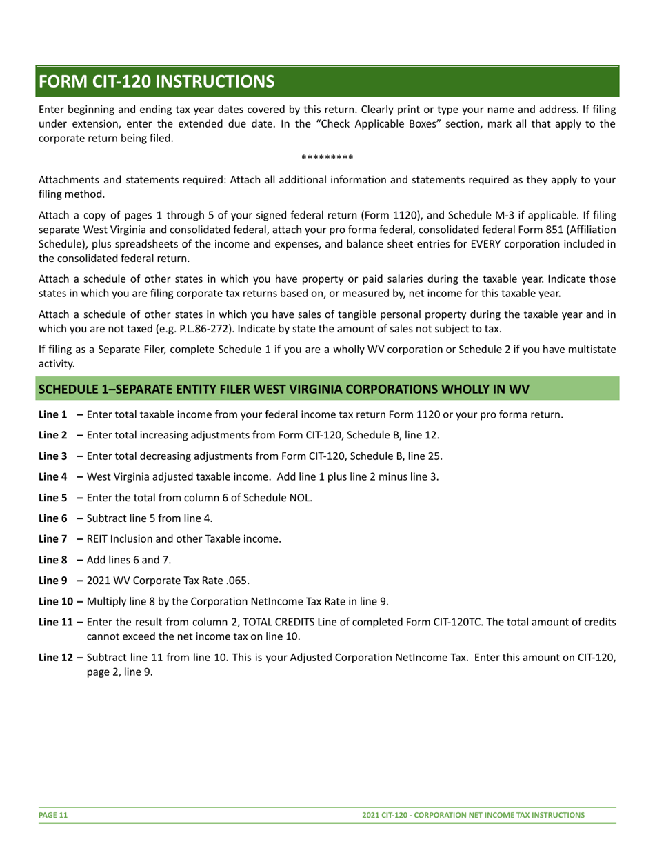 Instructions for Form CIT-120 West Virginia Corporation Net Income Tax Return - West Virginia, Page 11