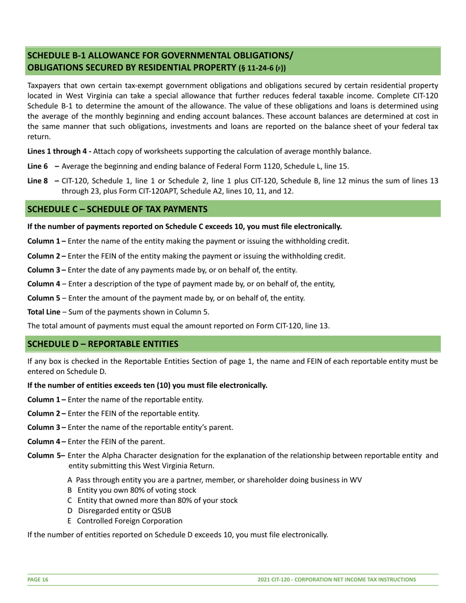 Instructions for Form CIT-120 West Virginia Corporation Net Income Tax Return - West Virginia, Page 16