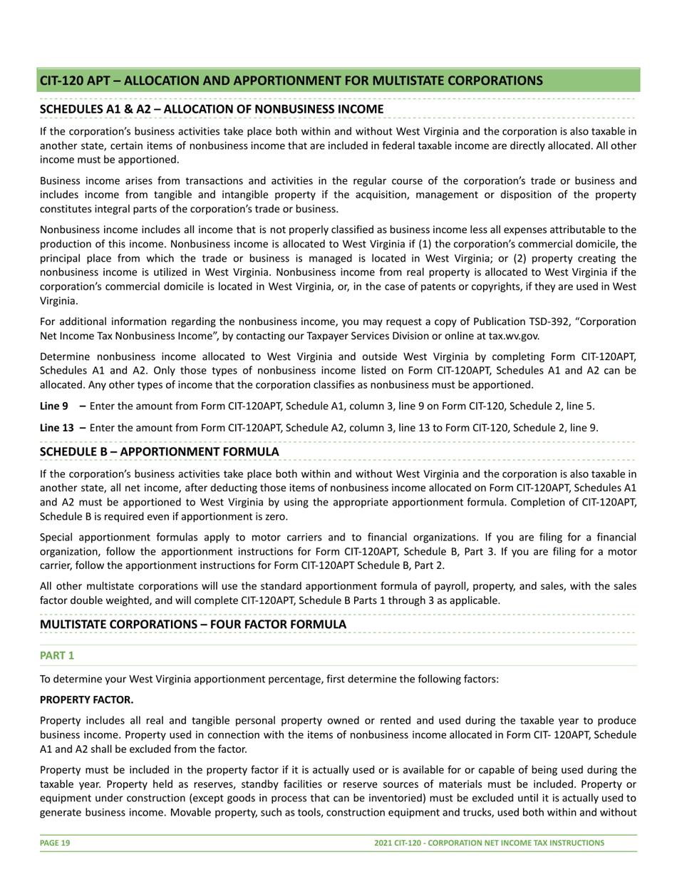 Instructions for Form CIT-120 West Virginia Corporation Net Income Tax Return - West Virginia, Page 19