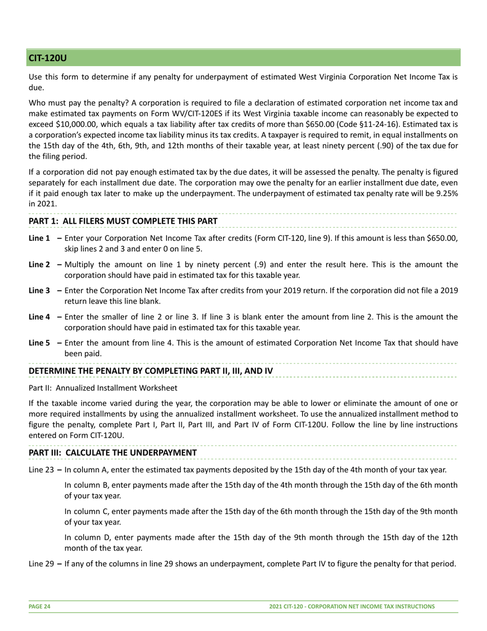 Instructions for Form CIT-120 West Virginia Corporation Net Income Tax Return - West Virginia, Page 24