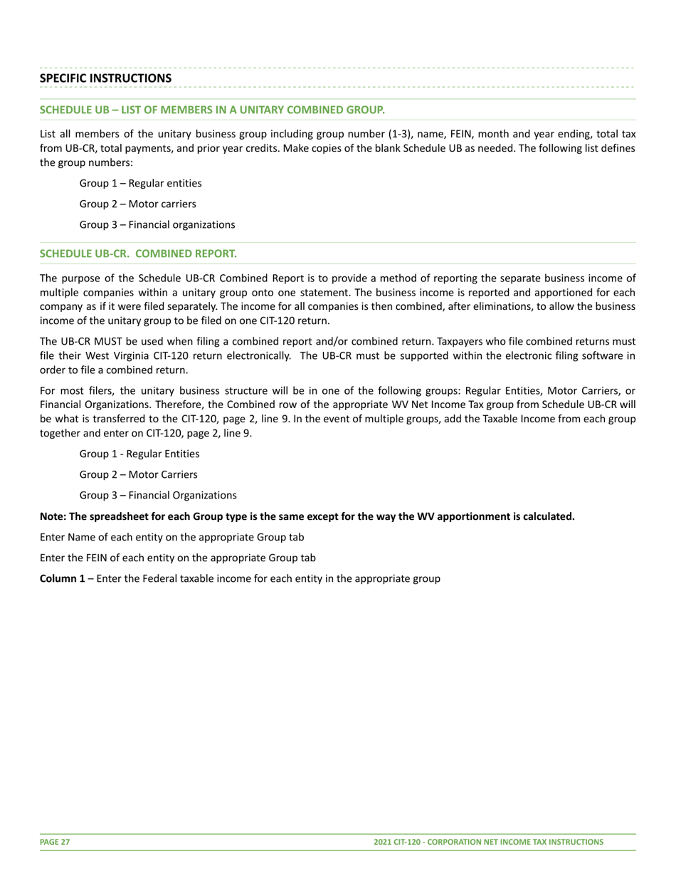 Instructions for Form CIT-120 West Virginia Corporation Net Income Tax Return - West Virginia, Page 27