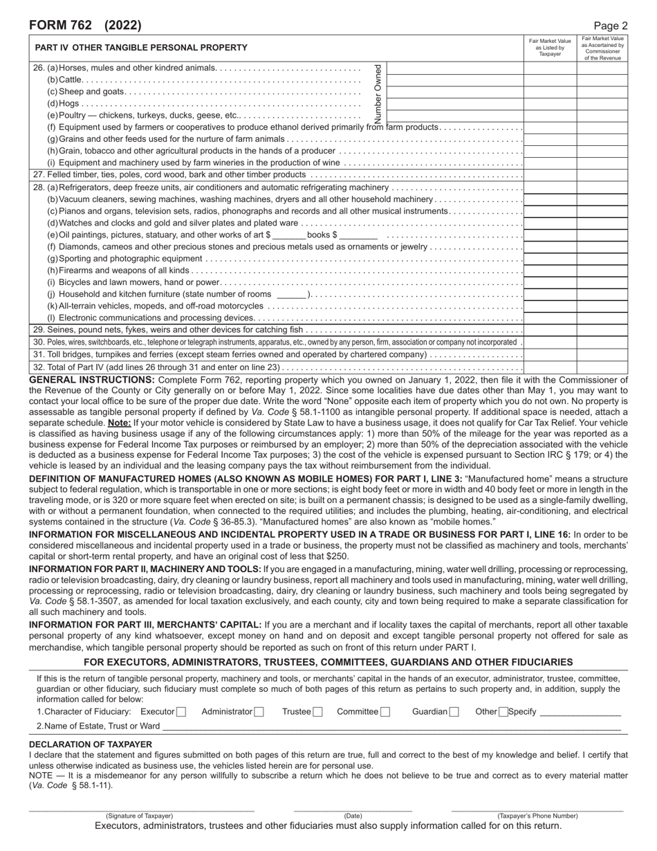 Form 762 Return of Tangible Personal Property, Machinery and Tools, and Merchants Capital - for Local Taxation Only - Virginia, Page 2