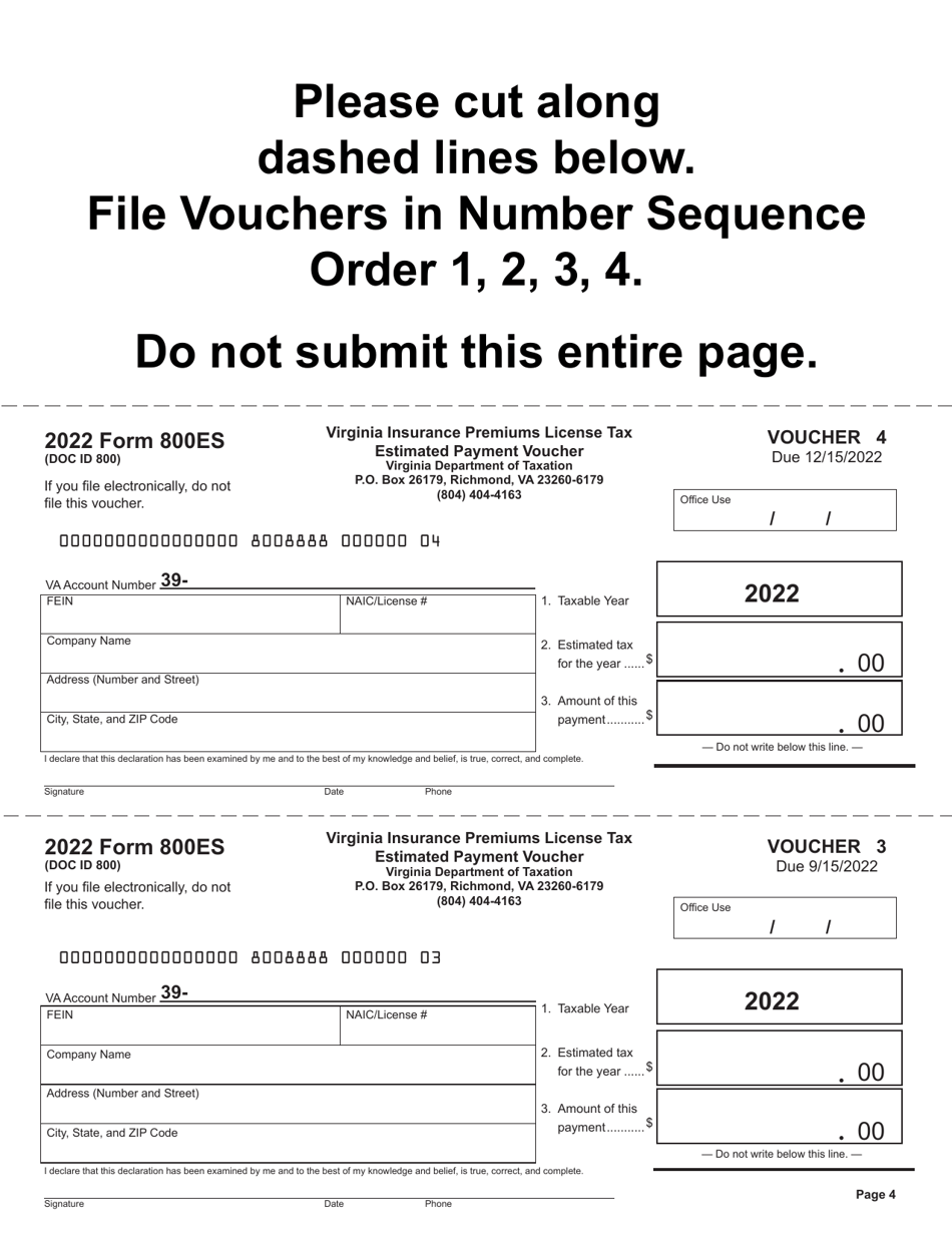Form 800ES Virginia Insurance Premiums License Tax Estimated Tax Payment Vouchers - Virginia, Page 5
