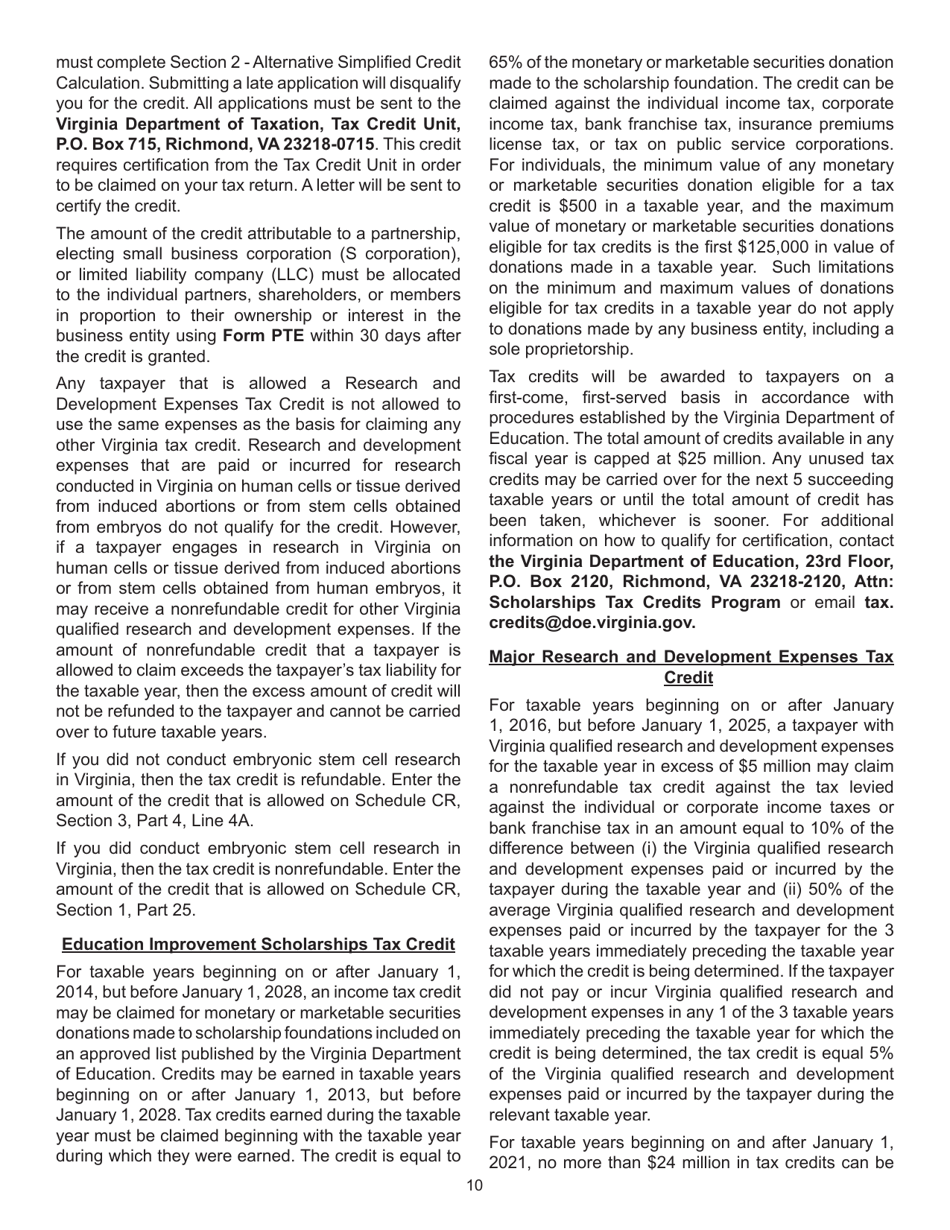 Instructions for Schedule CR Credit Computation Schedule - Virginia, Page 10