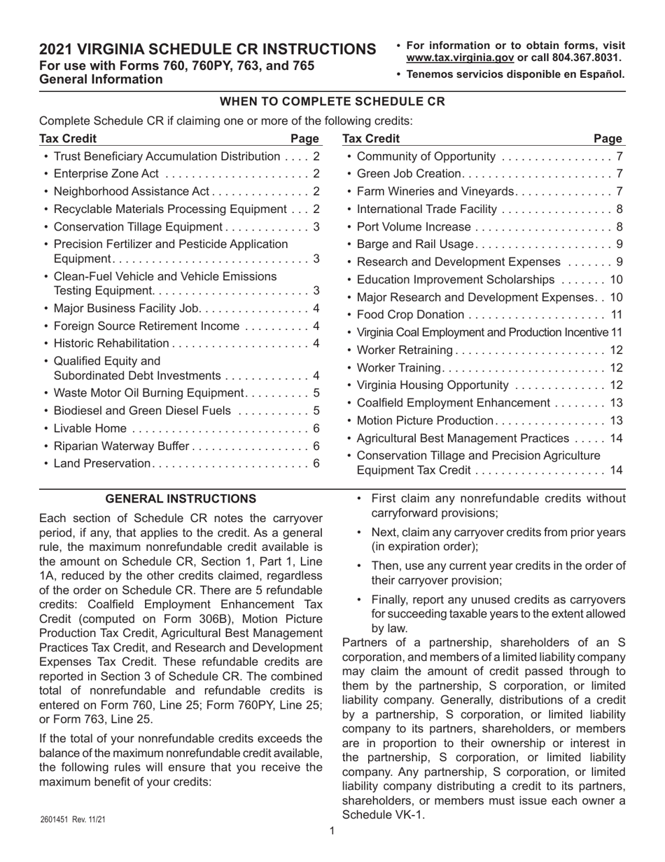 Instructions for Schedule CR Credit Computation Schedule - Virginia, Page 1