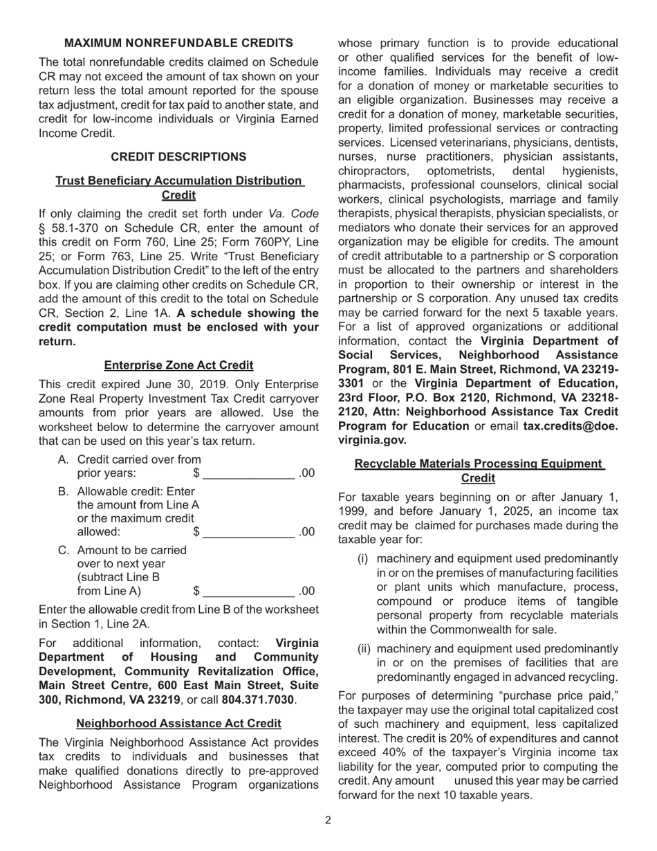 Instructions for Schedule CR Credit Computation Schedule - Virginia, Page 2