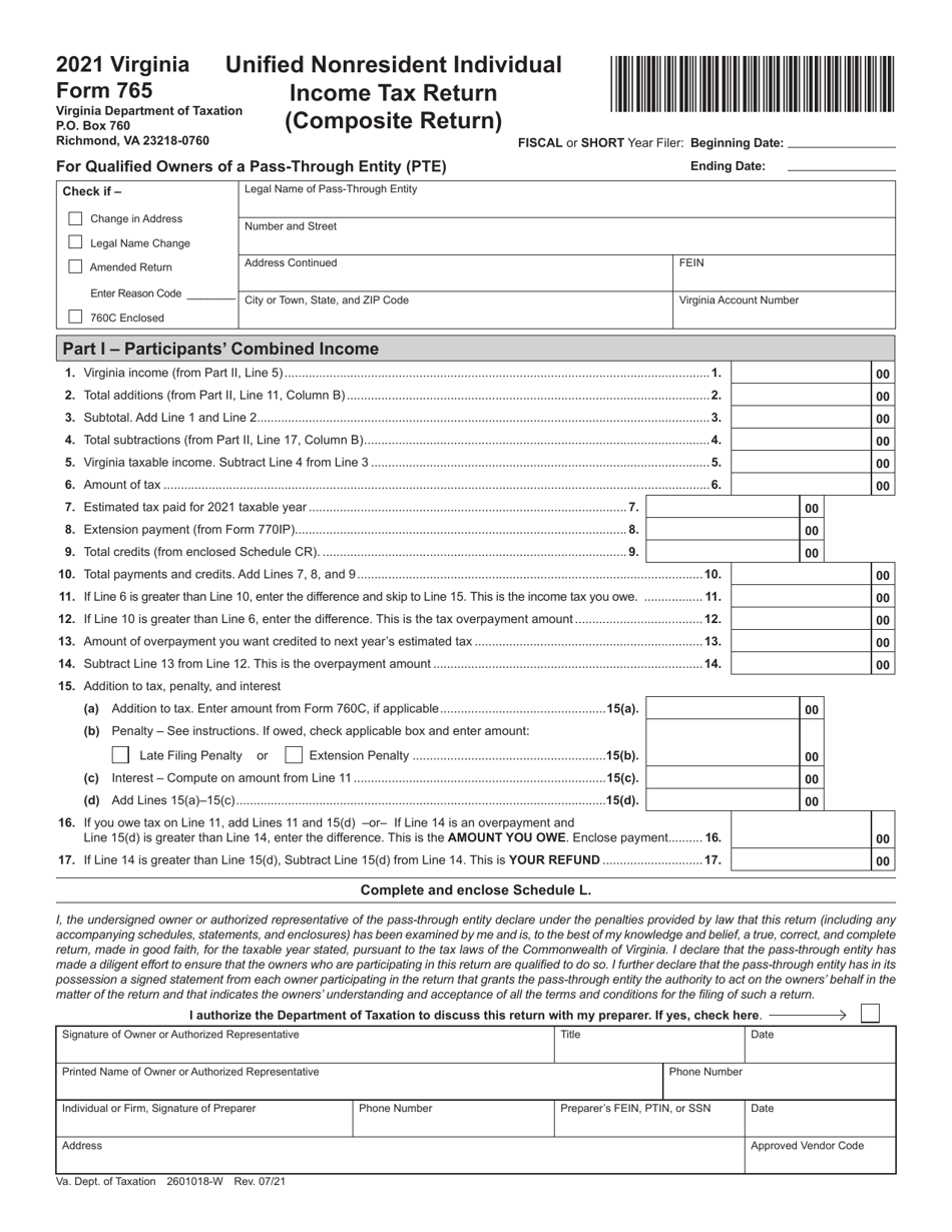 Form 765 Unified Nonresident Individual Income Tax Return (Composite Return) - Virginia, Page 1