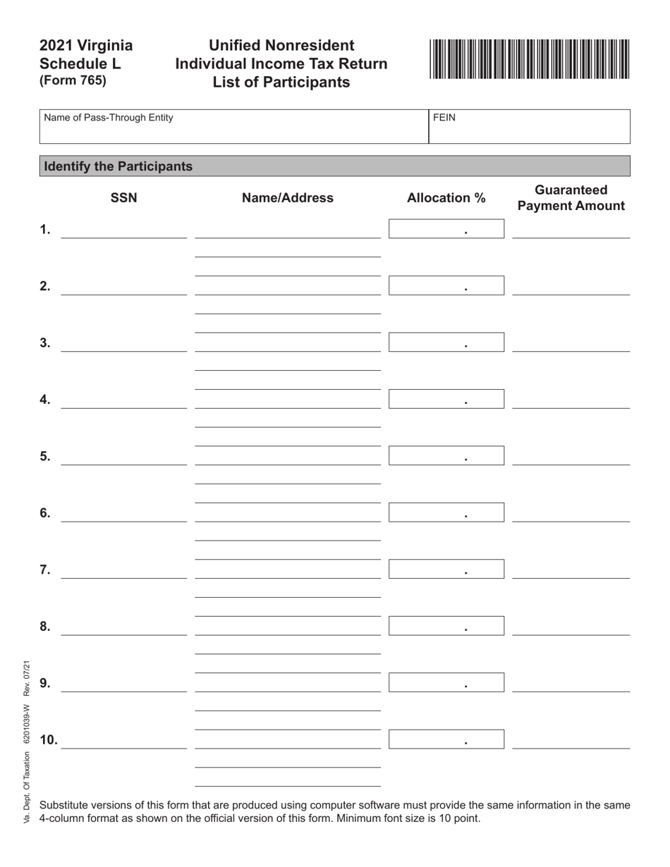 Form 765 Schedule L Unified Nonresident Individual Income Tax Return List of Participants - Virginia, Page 1