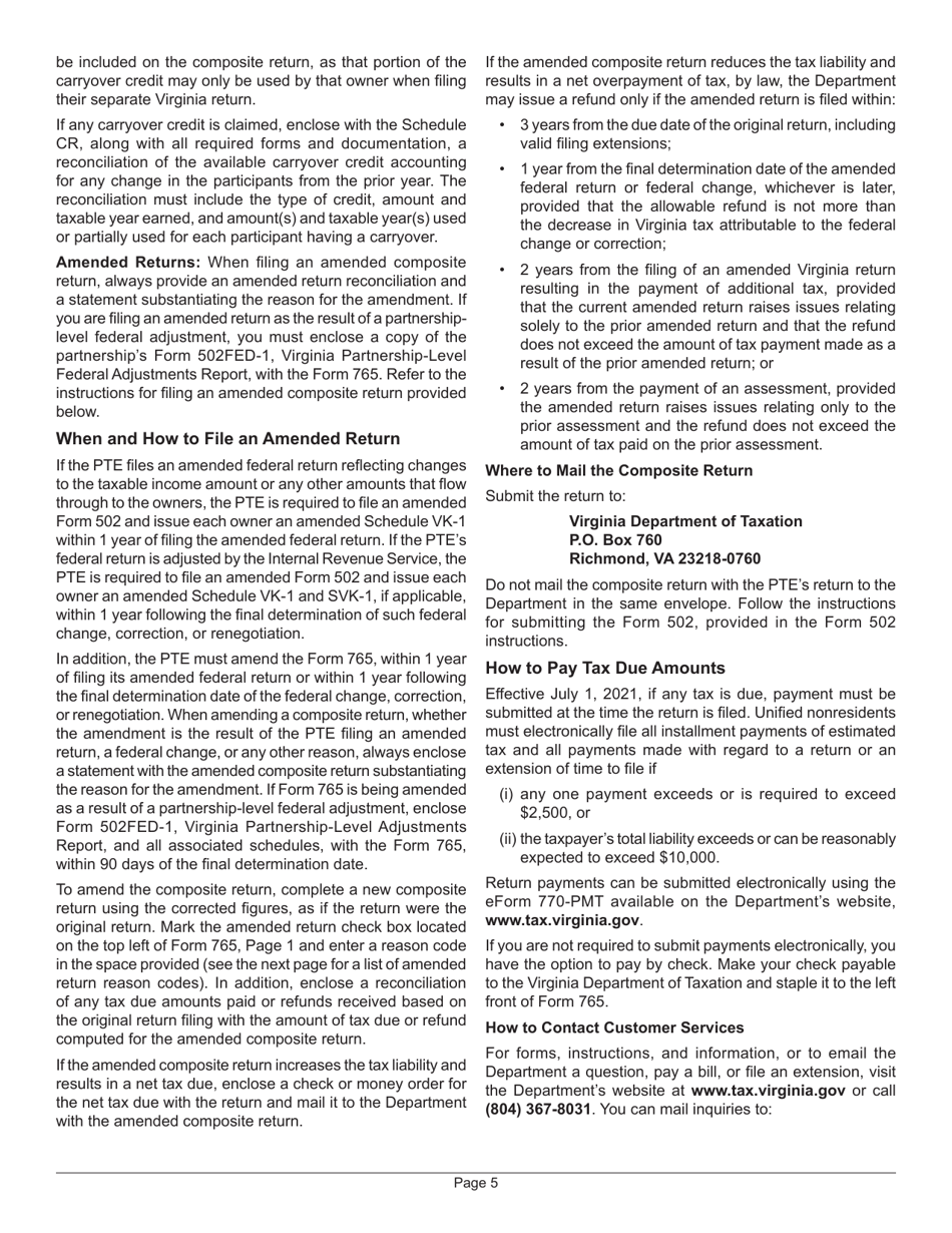 Instructions for Form 765 Unified Nonresident Individual Income Tax Return (Composite Return) - Virginia, Page 8