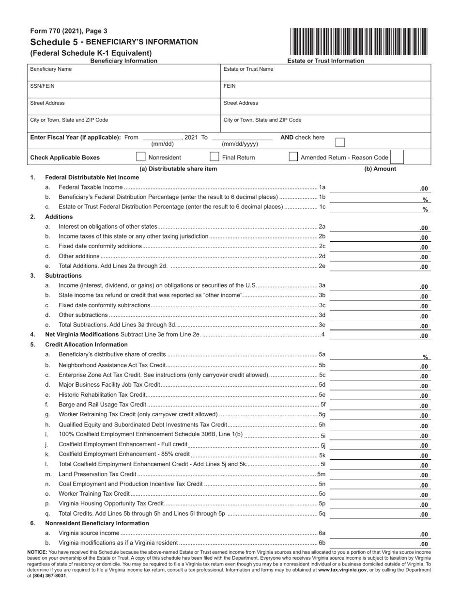 Form 770 Virginia Fiduciary Income Tax Return - Virginia, Page 3