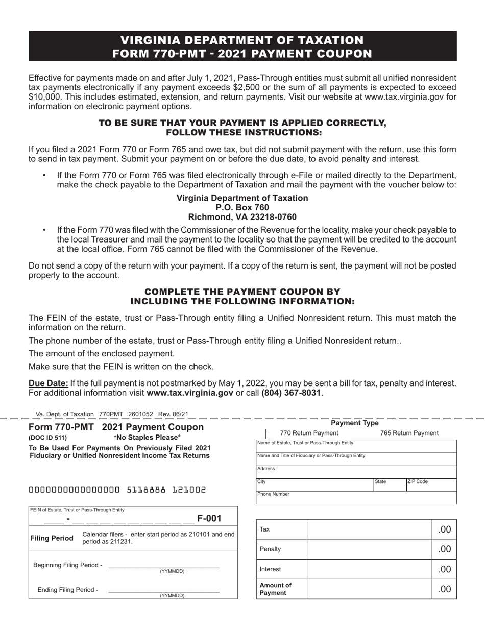 Form 770-PMT Payment Coupon for Previously Filed Fiduciary Income Tax Returns - Virginia, Page 1
