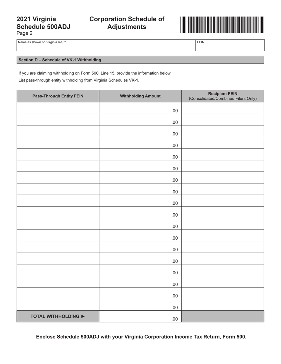 Schedule 500ADJ Corporation Schedule of Adjustments - Virginia, Page 2