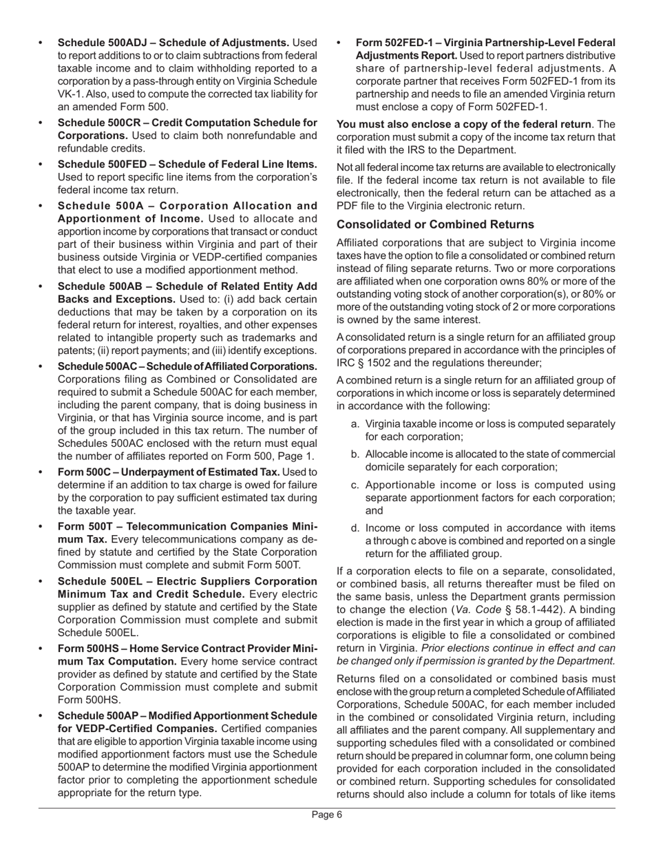 Instructions for Form 500 Virginia Corporation Income Tax Return - Virginia, Page 10