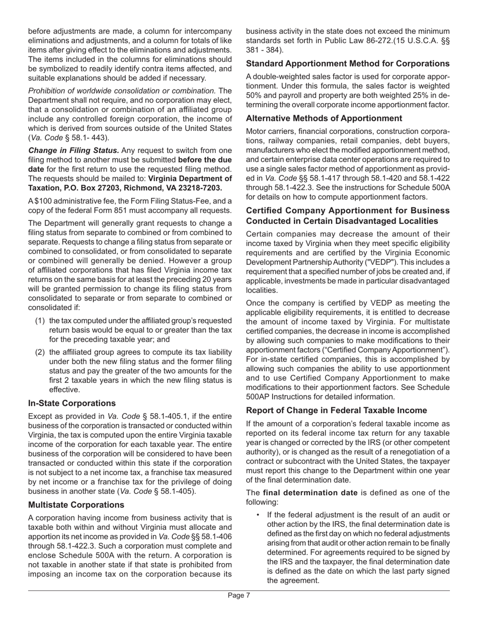 Instructions for Form 500 Virginia Corporation Income Tax Return - Virginia, Page 11