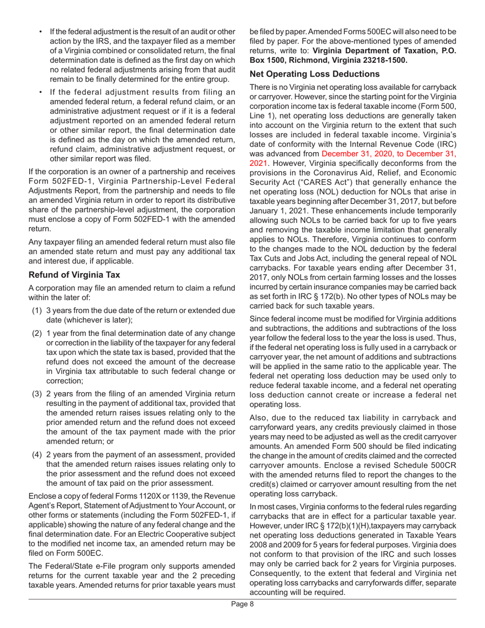 Instructions for Form 500 Virginia Corporation Income Tax Return - Virginia, Page 12