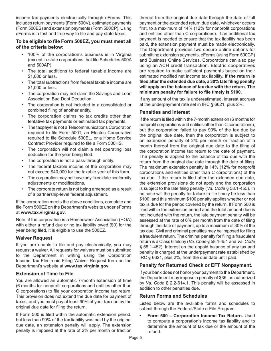 Instructions for Form 500 Virginia Corporation Income Tax Return - Virginia, Page 9