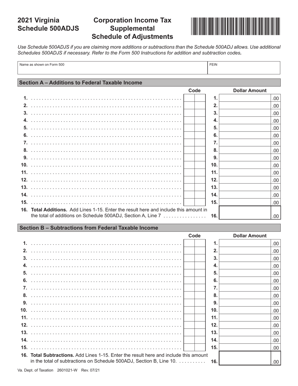 Schedule 500ADJS Corporation Income Tax Supplemental Schedule of Adjustments - Virginia, Page 1