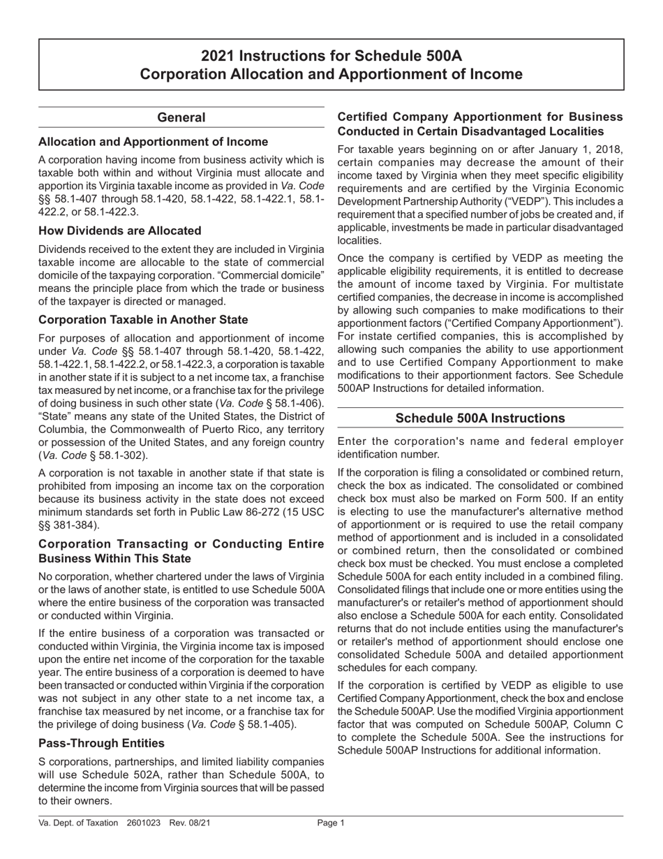 Instructions for Schedule 500A Corporation Allocation and Apportionment of Income - Virginia, Page 1