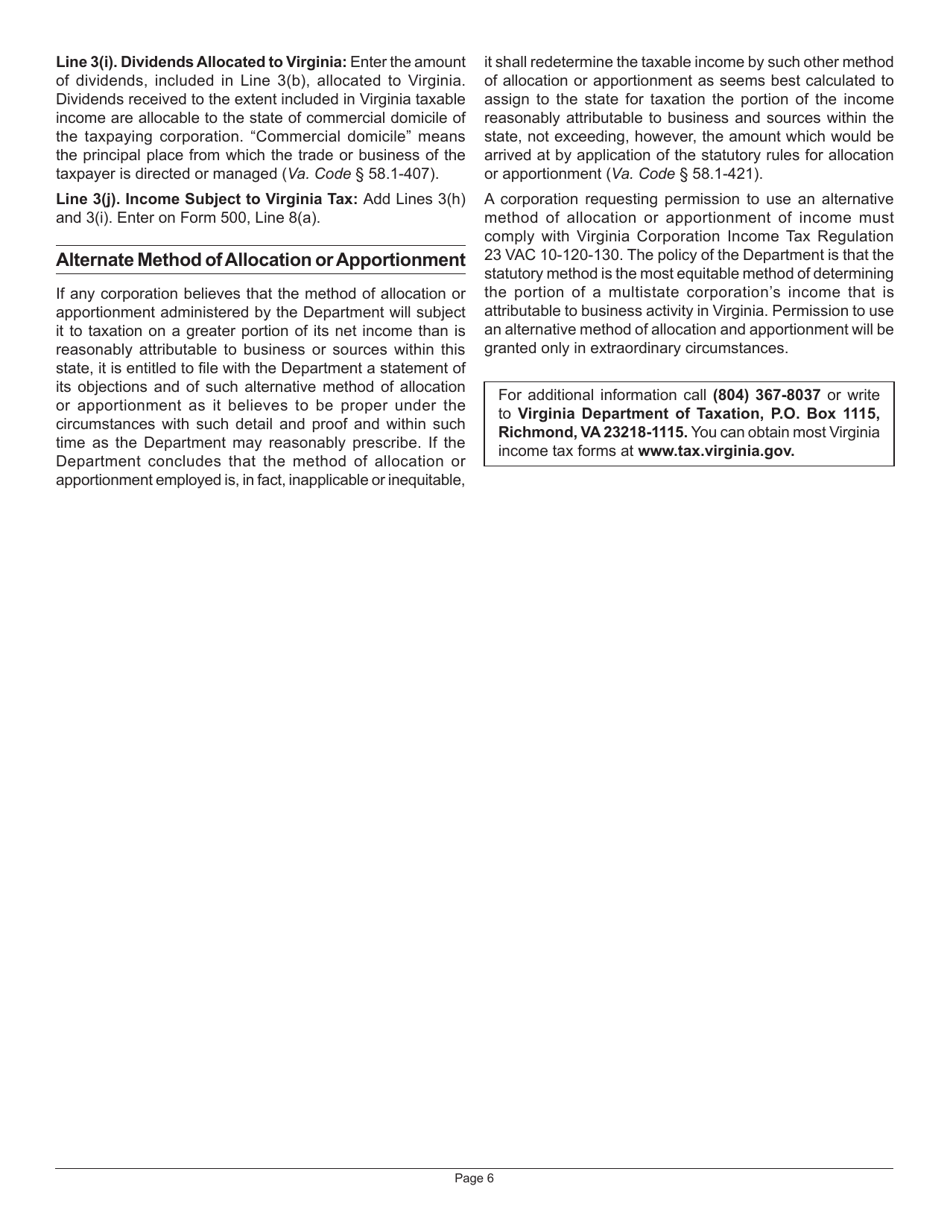 Instructions for Schedule 500A Corporation Allocation and Apportionment of Income - Virginia, Page 6