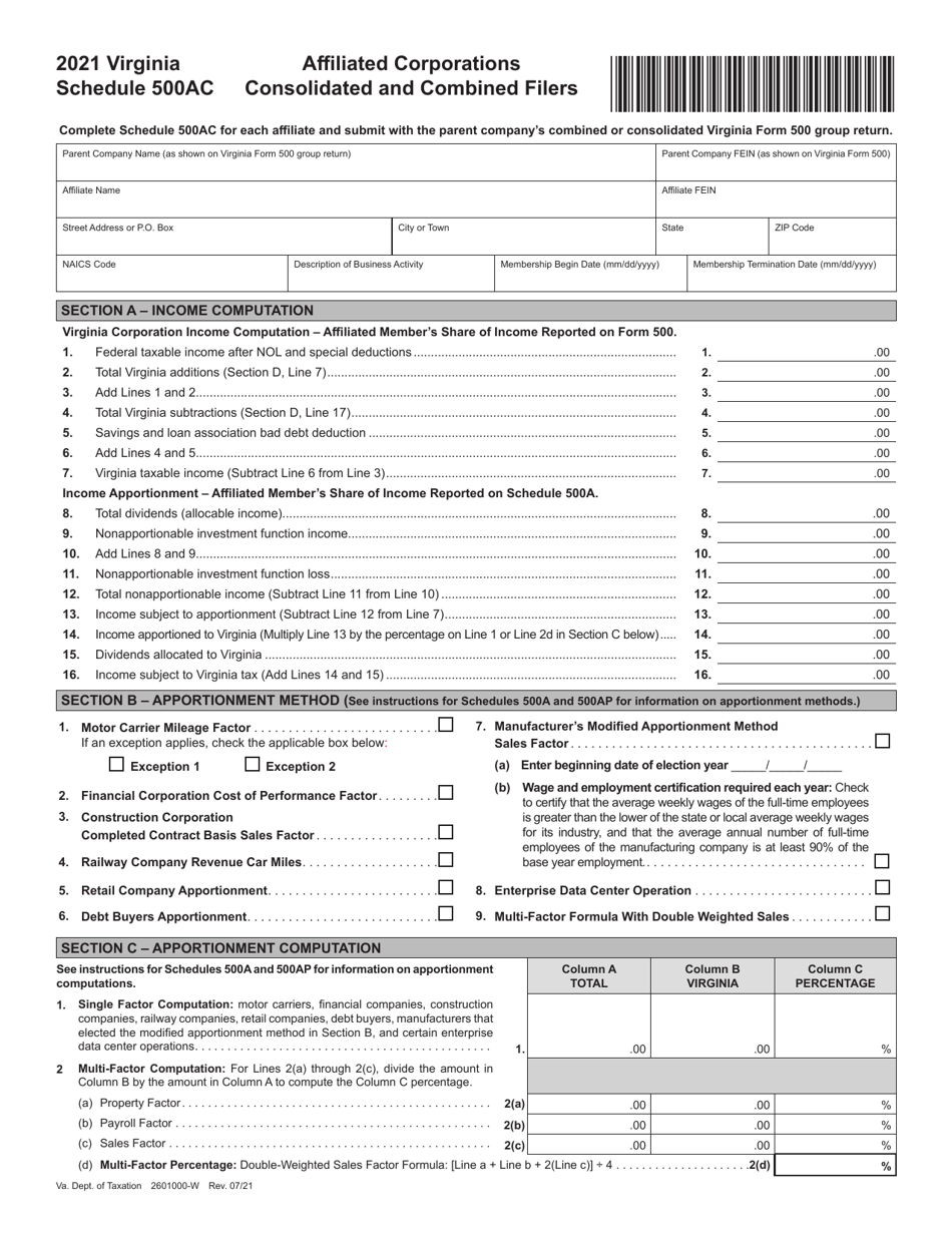 Schedule 500AC Affiliated Corporations Consolidated and Combined Filers - Virginia, Page 1