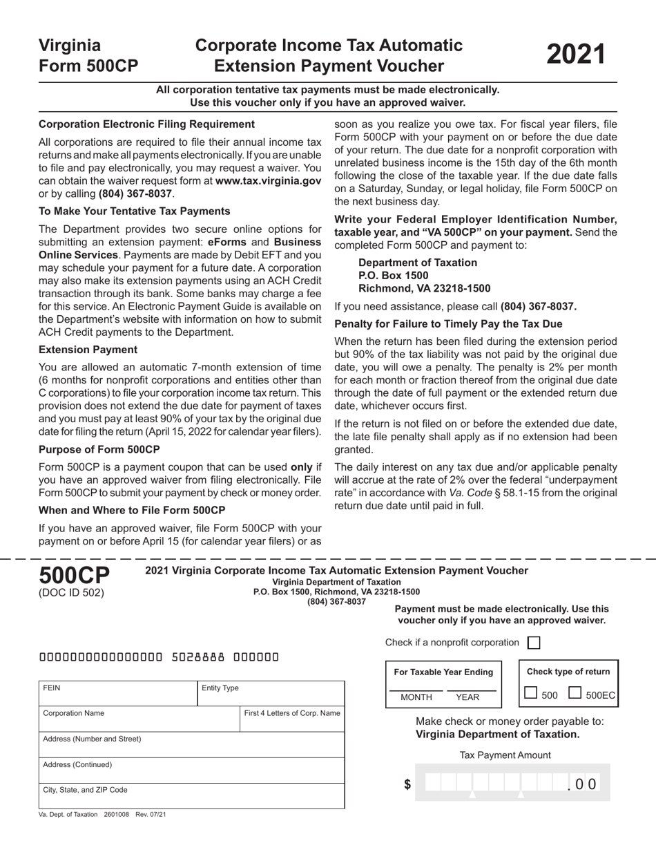 Form 500CP Virginia Corporate Income Tax Automatic Extension Payment Voucher - Virginia, Page 1