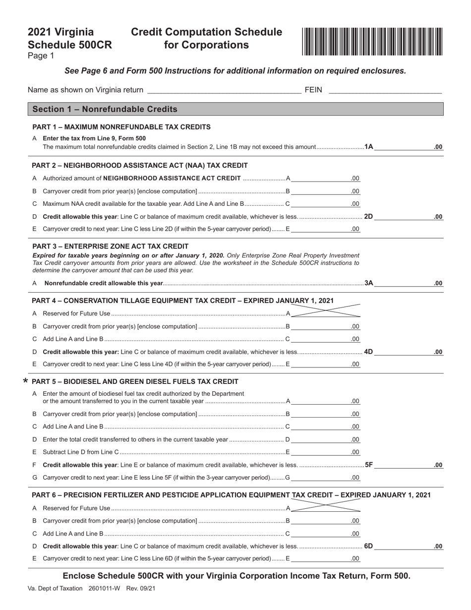 Schedule 500CR Credit Computation Schedule for Corporations - Virginia, Page 1