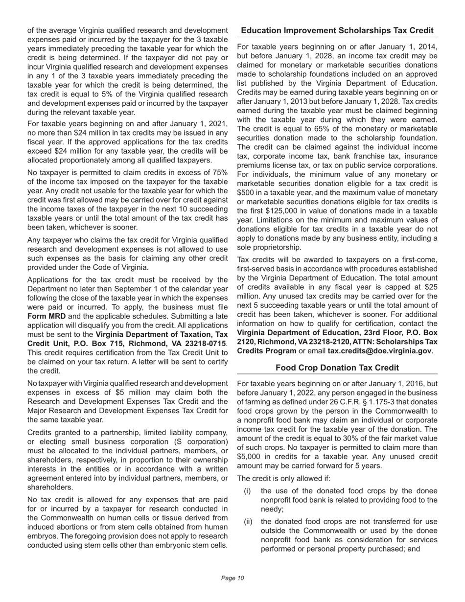 Instructions for Schedule 500CR Credit Computation Schedule for Corporations - Virginia, Page 10
