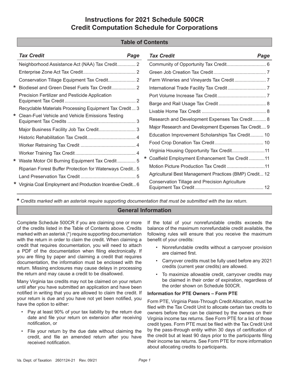 Instructions for Schedule 500CR Credit Computation Schedule for Corporations - Virginia, Page 1