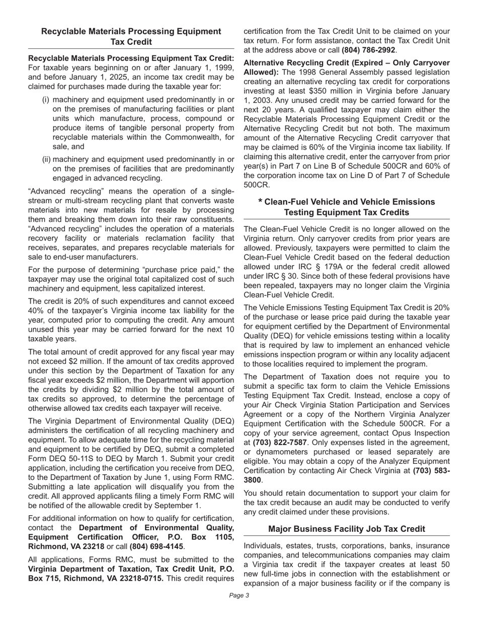Instructions for Schedule 500CR Credit Computation Schedule for Corporations - Virginia, Page 3