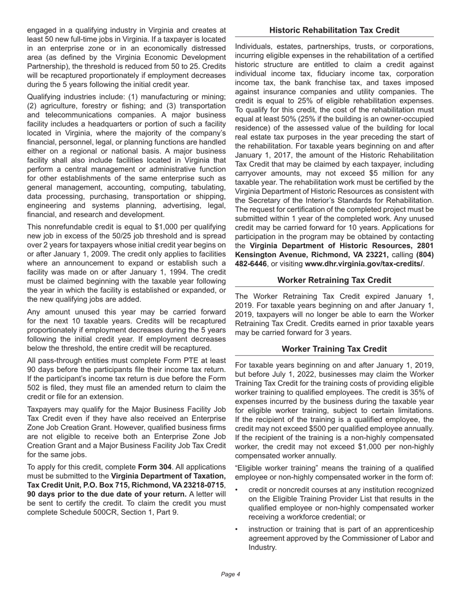 Instructions for Schedule 500CR Credit Computation Schedule for Corporations - Virginia, Page 4