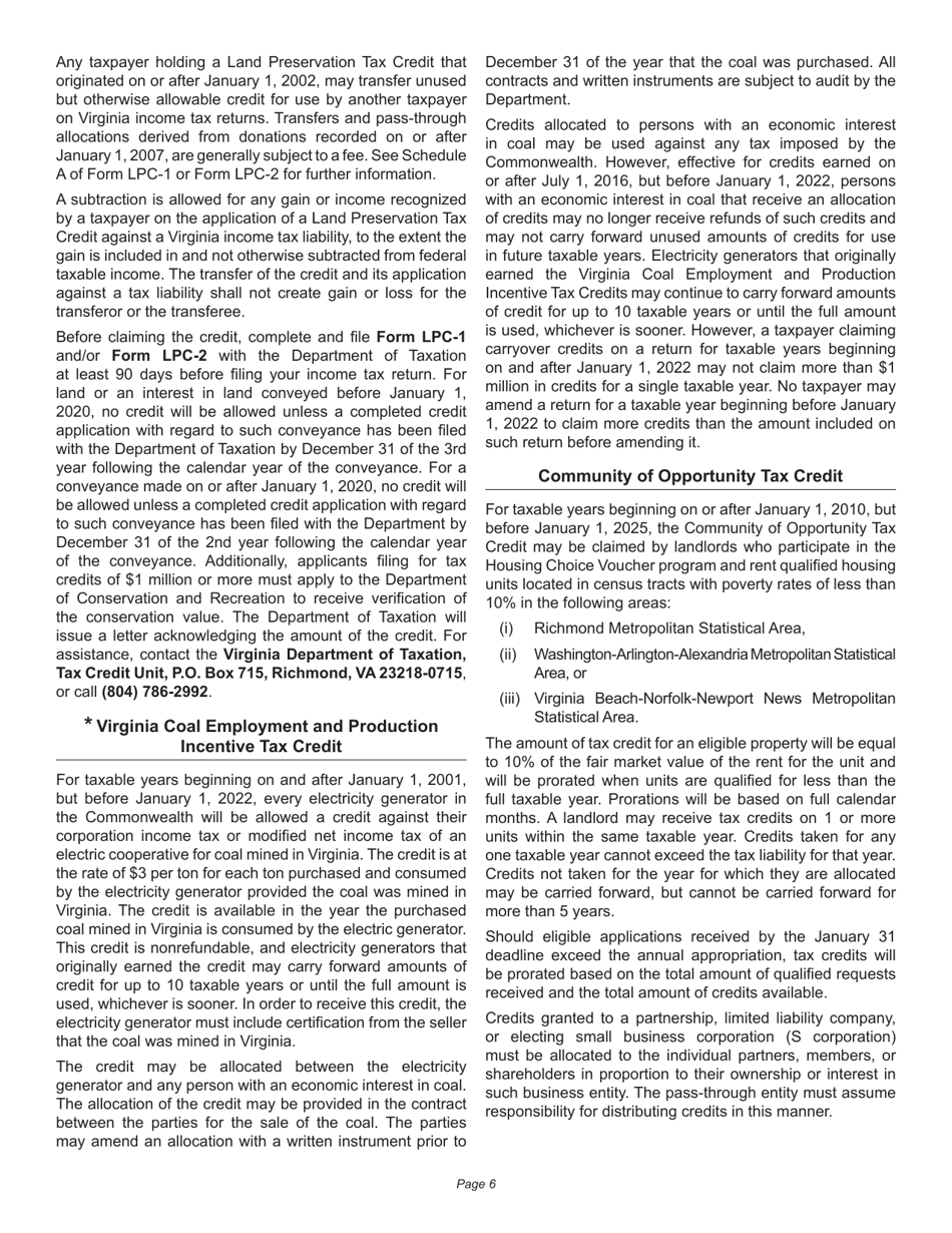 Instructions for Schedule 500CR Credit Computation Schedule for Corporations - Virginia, Page 6