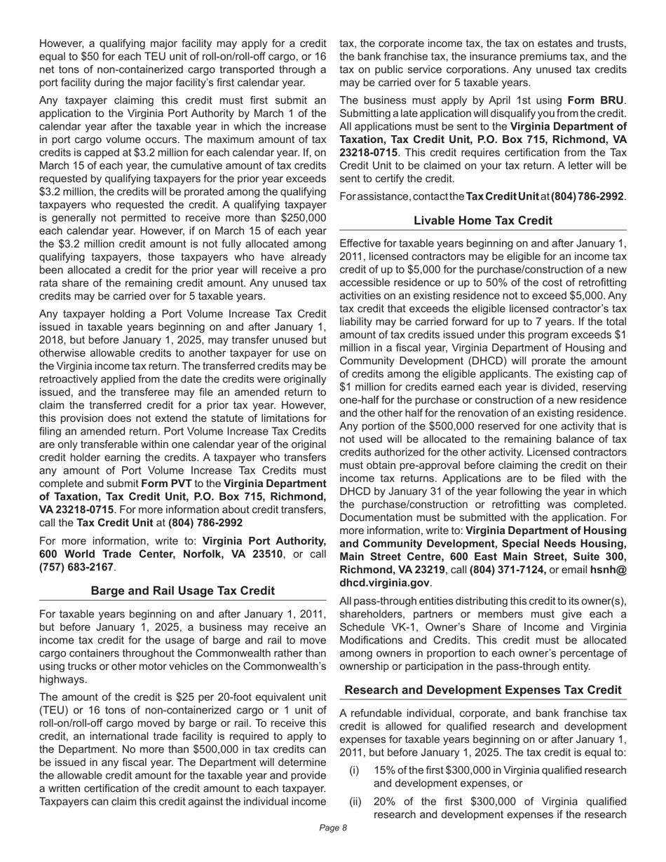 Instructions for Schedule 500CR Credit Computation Schedule for Corporations - Virginia, Page 8