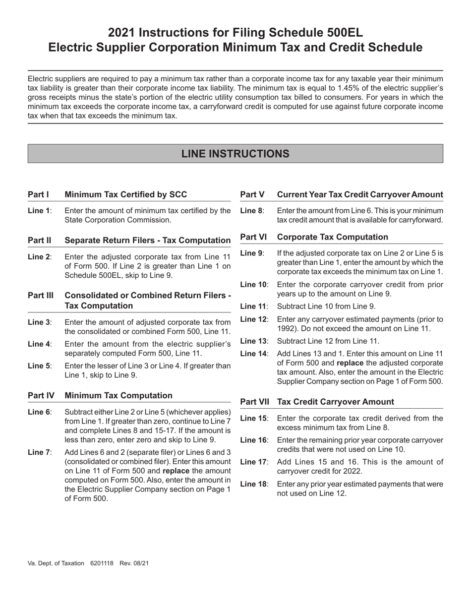 Instructions for Schedule 500EL Electric Supplier Corporation Minimum Tax and Credit Schedule - Virginia, Page 1