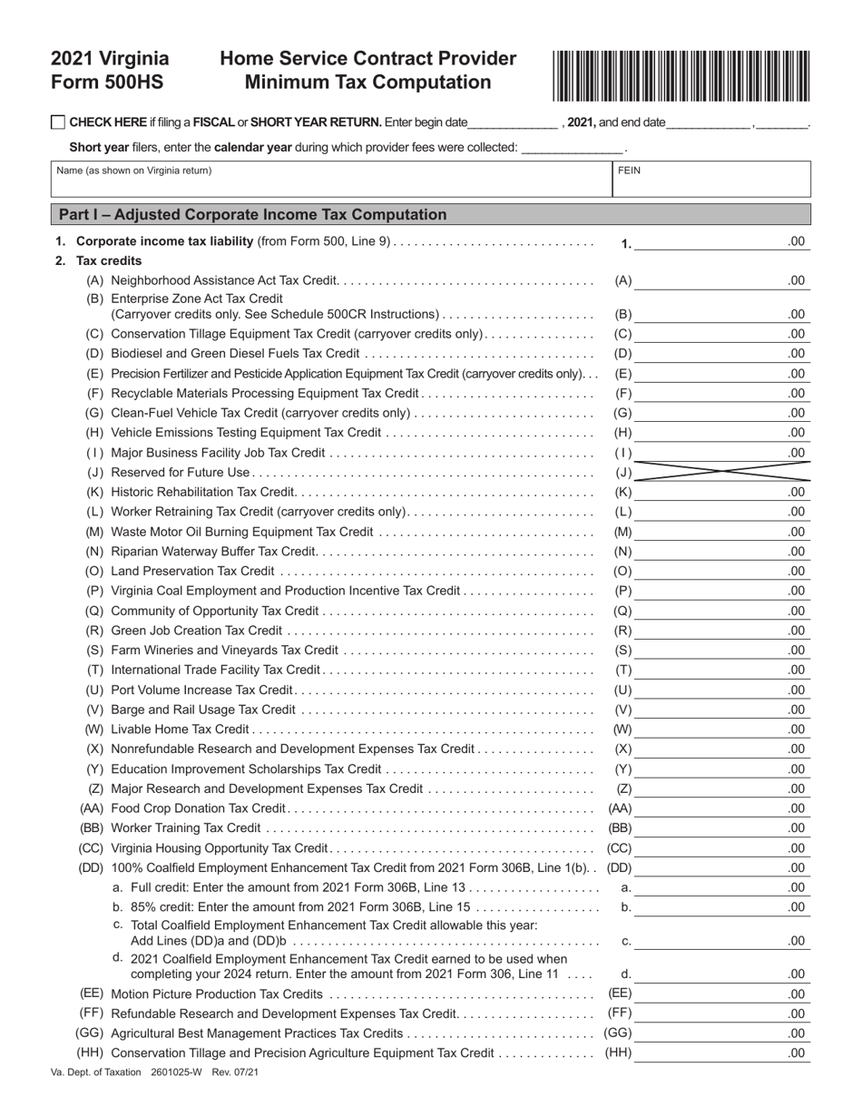 Form 500HS Home Service Contract Provider Minimum Tax Computation - Virginia, Page 1