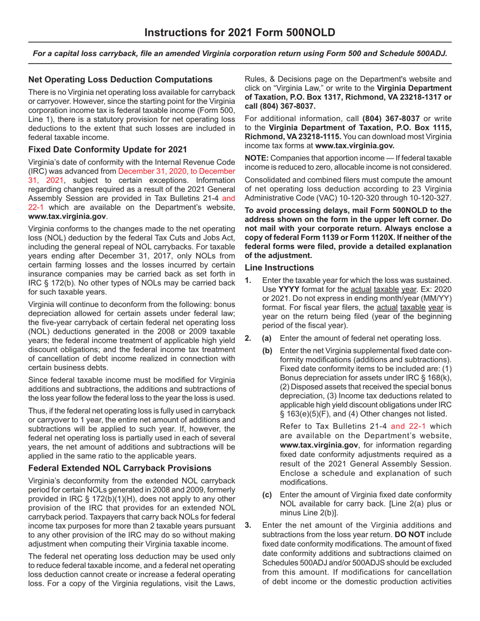 Form 500NOLD Corporation Application for Refund Carryback of Net Operating Loss - Virginia, Page 2