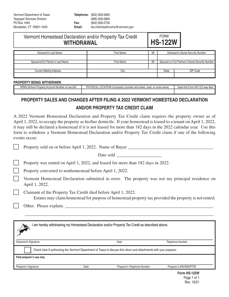 Form HS-122W Vermont Homestead Declaration and / or Property Tax Credit Withdrawal - Vermont, Page 1