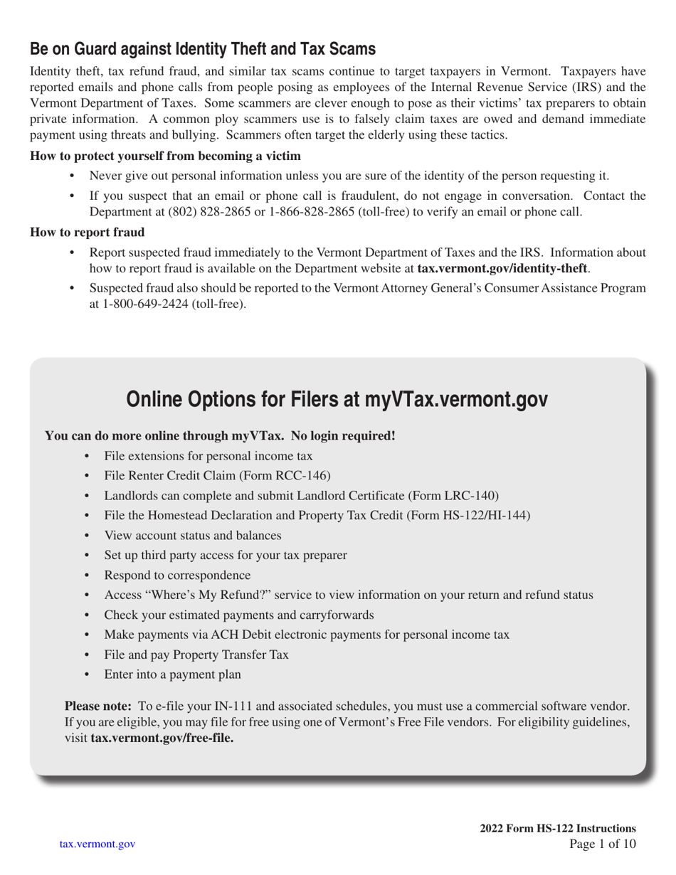 Instructions for Form HS-122 Schedule HI-144 - Vermont, Page 1