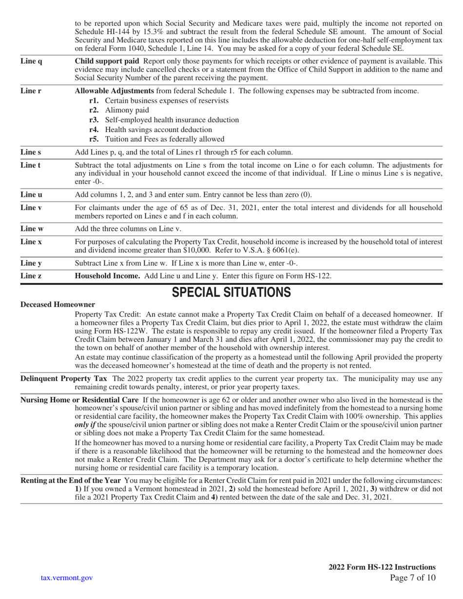 Instructions for Form HS-122 Schedule HI-144 - Vermont, Page 7
