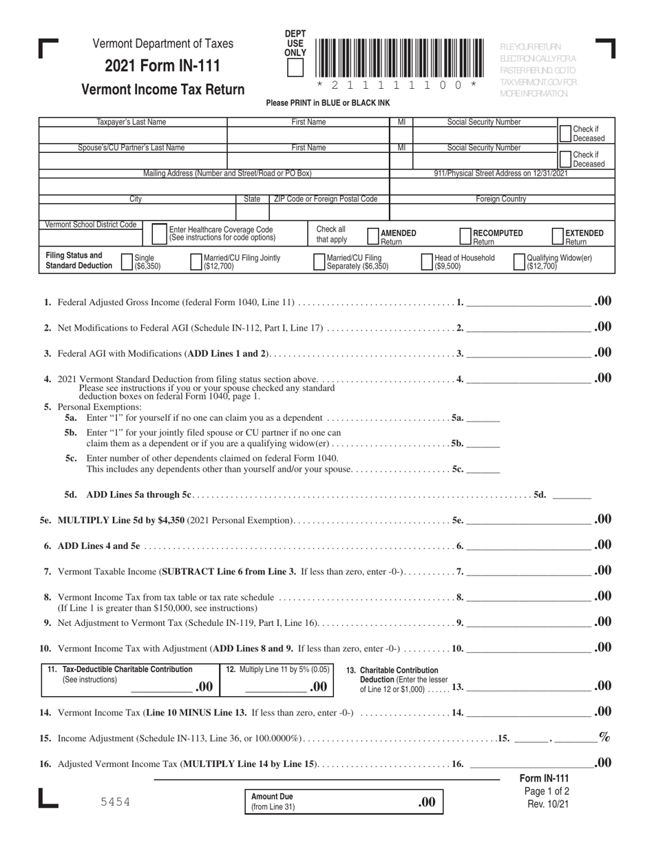 Form IN-111 Vermont Income Tax Return - Vermont, Page 1