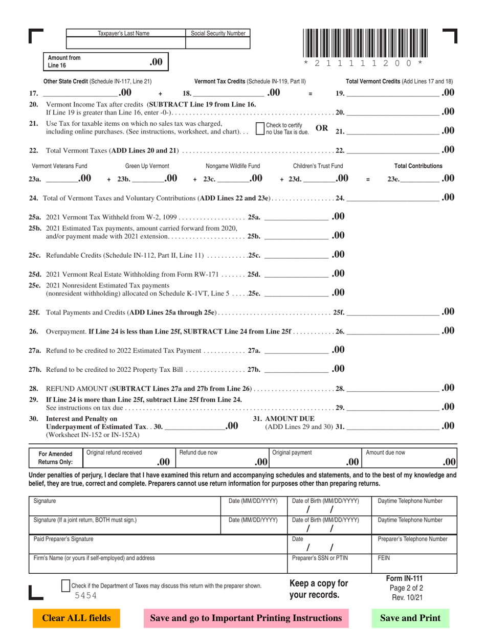 Form IN-111 Vermont Income Tax Return - Vermont, Page 2