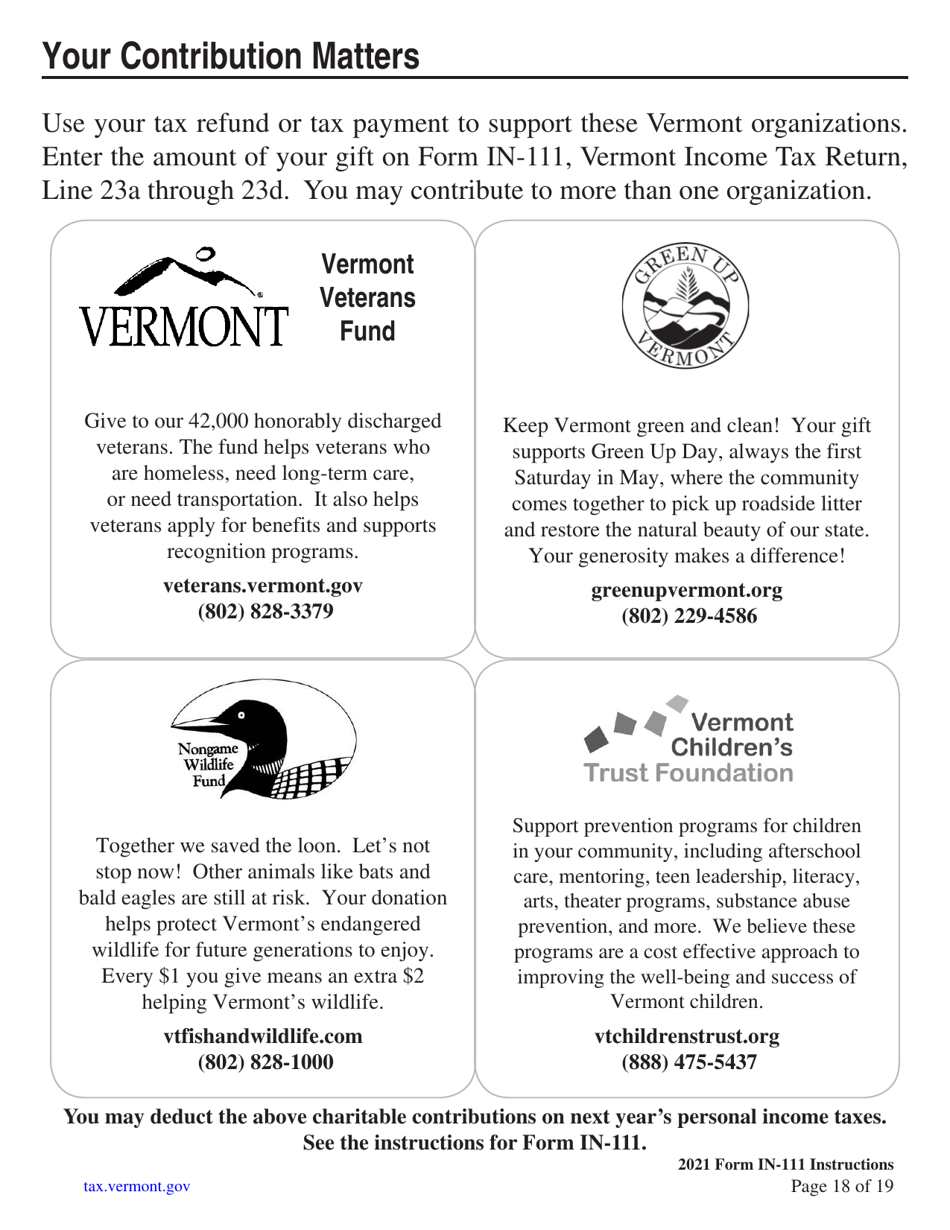 Instructions for Form IN-111 Vermont Income Tax Return - Vermont, Page 18